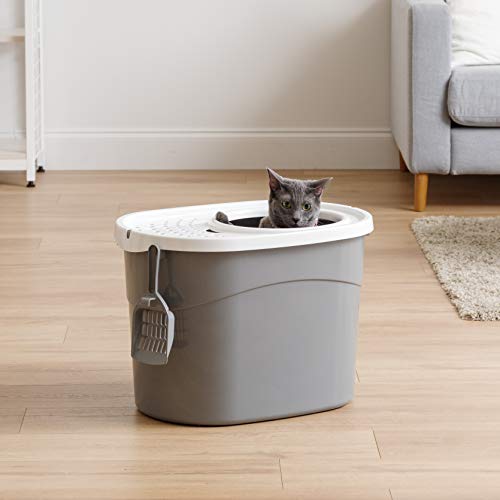 IRIS USA Large Simple Round Top Entry Cat Litter Box with Scoop, Curved