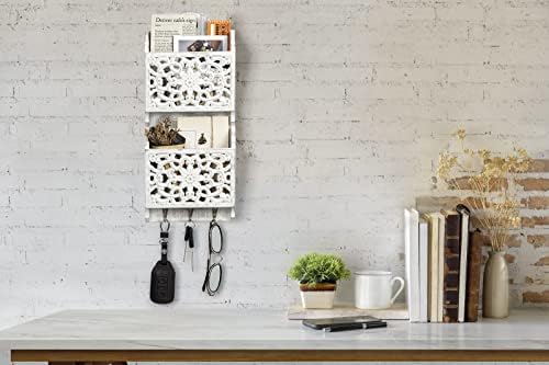 Optyuwah 2 Layer Key Holder for Wall, Wooden Letter Holder Magazine Organizer with Key Hooks, Rustic Decor Key Hanger Wall Mounted Mail Holder for Entryway Mudroom Home Kitchen Office