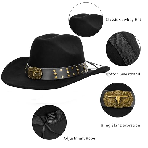 Image of Women-Classic-Western-Cowboy-Shapeable-Hat - Men-Roll-Up-Wide-Brim-Felt-Fedora-Hats-Cowgirl-Hat with Belt Buckle(M-L)