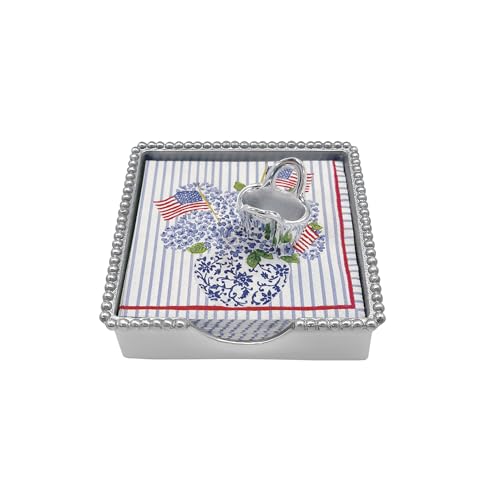 MARIPOSA FLAGS & HYDRANGEAS TOTE BEADED NAPKIN BOX | SILVER | BRILLANTE | GIFTS | NAPKIN BOX & WEIGHT SET | RECYCLED SANDCAST ALUMINUM | HANDMADE IN MEXICO