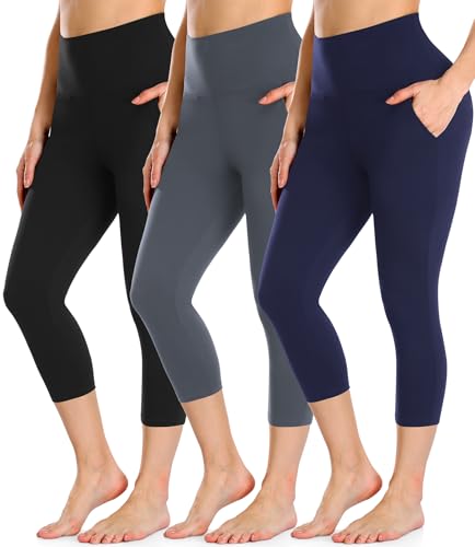 FULLSOFT 3 Pack Capri Leggings with Pockets for Women High Waisted Black Workout Yoga Pants Under Dress Shorts Activewear Clothing Jeggings(Black, Dark Grey, Navy Blue(with Pockets),Large-X-Large)