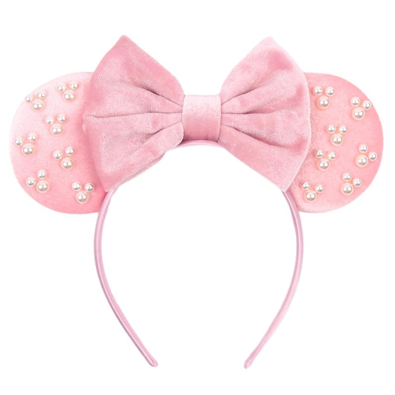 JIAHANG Diadema de terciopelo con orejas de ratón rosa con perlas, decoración de fiesta, accesorios para el cabello para mujeres y niñas (rosa terciopelo 03)