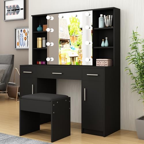 Große Schminktisch mit LED Beleuchtung und Spiegel,Frisiertisch mit Schiebespiegel Geheimfach und Hocher,Einstellbarer Helligkeit,3 Schubladen,2 Türen,6 offenen Ablagen,Modern Vanity,120x40x140 cm