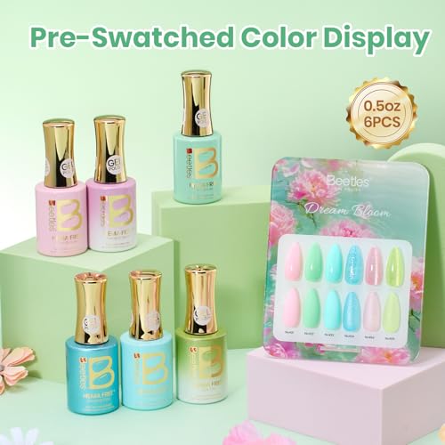 Image of Beetles Hema Free Gel Polish Set, 15 ML 6 Colors Pastel Cat Eye Pink Green Blue Glitter Gel Nail Polish Kit Soak Off UV Nail Art DIY at Home Salon Spring Summer Gift for Women