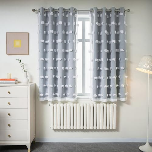 Image of MYSKY HOME Dusty Blue Curtains for Bedroom & Kids Room - 54 Inch Long, Double Layer, White Pom Pom, Sheer, Grommet, Darkening, Small Window, 2 Panels, 52 x 54 in