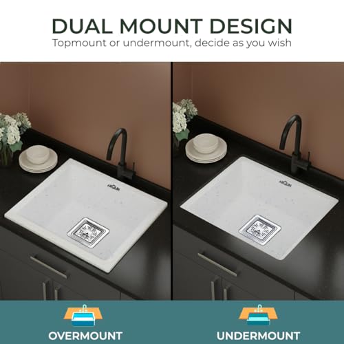 Image of ARQUIN ARQUIN Quartz Kitchen Sink 18x16x9 Inch Grey | Single Bowl Sink | Durable & Scratch-Resistant | Undermount /Topmount Including Coupling, Waste Pipe & Fruit Washing Basket