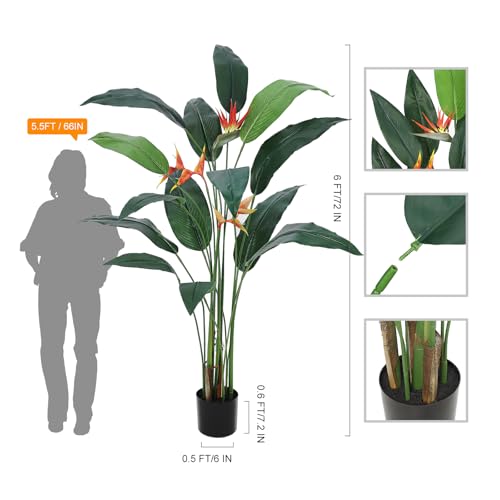 Artificial Bird of Paradise Tree 6FT(72in) Fake Palm Tree for Indoor Outdoor Modern Decor Faux Plants for Home Office Perfect Housewarming Gift with 14 Trunks Faux Leaves and 3 Flowers 2 Pack