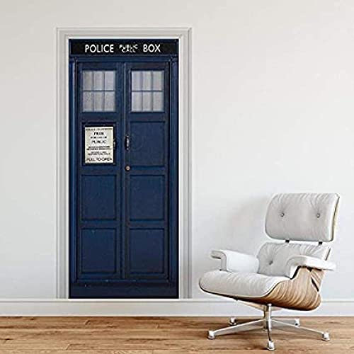 Zfsxmas 3D Door Stickers Murals Peel and Stick Police Box Blue UK Tardis Giant Waterproof Wallpaper Wall Art Bedroom Kitchen Home Decor Poster-77X200cm (30x80Inch)