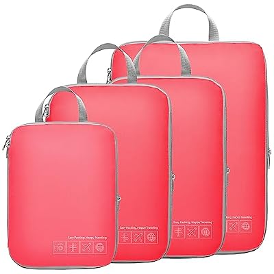 Cambond Compression Packing Cubes for Travel - 4 Pack Expandable Luggage Packing Organizers Travel Essentials Accessories Bags Compression Cubes Space Saver for Carry on Suitcases, Watermelon Pink