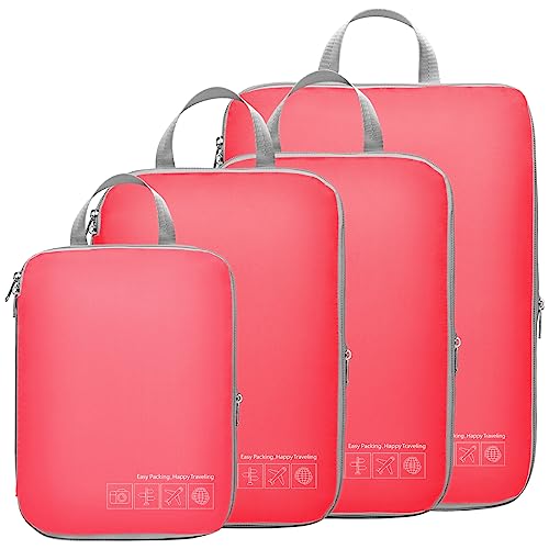 Cambond Compression Packing Cubes for Travel, 4 Pack Travel Bags Luggage Organizers Travel Essentials Compression Cubes for Carry on Suitcases, Watermelon Pink
