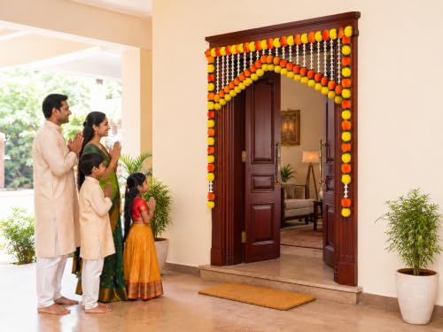 Image of Tia Crafts Artificial Marigold Jasmine Door Toran for Main Door Entrance, Flower Bandhanwar Door Hanging for Home Decoration, Pooja, Diwali, Ganpati, Wedding, Housewarming, Reusable Festive Decor