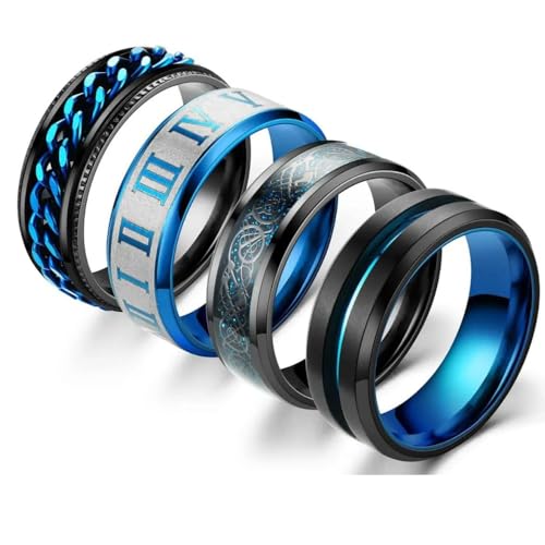 Stainless Steel Fidget Spinner Ring, Vintage Gothic Dragon Pattern Cool Chain, Roman Pattern and Black Celtic Dragon Set Stacking Ring, Rotatable Anxiety Relief Jewelry Gift for Men and Boys (Blue,6)