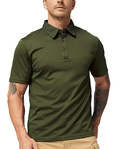 MIER Men's Outdoor Performance Tactical Polo Shirts Long and Short Sleeve, Moisture-Wicking, Army Green, S