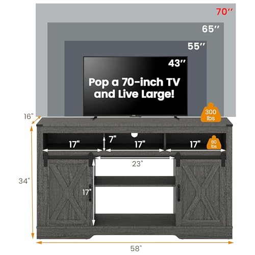 Image of RoyalCraft Farmhouse TV Stand for 23 inch Fireplace, 34'' Tall Entertainment Center for 65+ Inch TV, Rustic TV Console with Sliding Bar Door for Living Room, Dark Grey