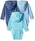 Hanes, Ultimate Flexy Hoodie Long Sleeve Bodysuit, Babies and Toddlers, 3-Pack, Blue/Light Blue, 6-12 Months