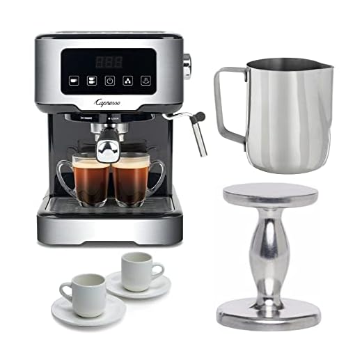 Capresso Cafe TS Touchscreen Espresso Machine Bundle with Espresso Handheld Tamper, Stainless Steel Frothing Pitcher (20oz) and Ceramic Tiara Espresso Cup and Saucer Set (2-Pack) (4 Items)