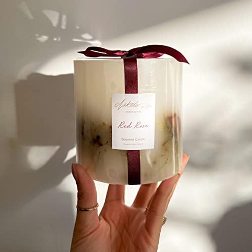 Nikita Luxury Rose or Lavender Scented Candles - Botanical Pillar Candle - Natural Dried Flowers - Large Scented Candle Gift Sets for Women - Long Burning Soy Candle - Housewarming Gift (Red Rose)