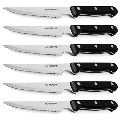 Nirosta Cuchillos Chuleteros de Acero Inoxidable, Pack de 6 Cuchillos Cocina Profesional 21cm, 6 cuchillos chuletas y carne, Color negro, mango de Plástico con 3 Remaches, 6 unidades