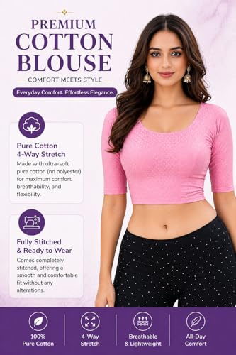 Image of Fressia Fabrics Pure Cotton 4-Way Stretch Readymade Blouse for Women | Free Size to 4XL Stretchable Round Neck Dobby Cotton Half Sleeve Readymade Saree Blouse for Women Stylish