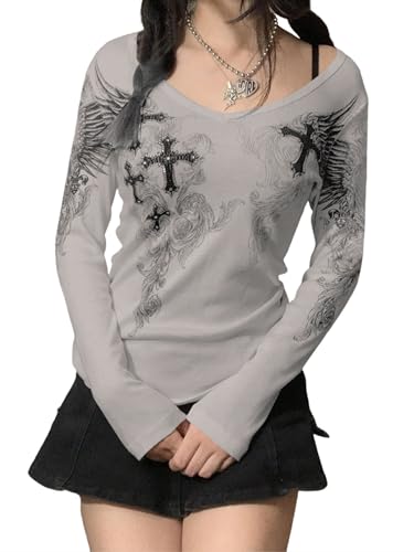 T-shirt Y2K manches longues femme pour affiner la silhouette au style gothique col V