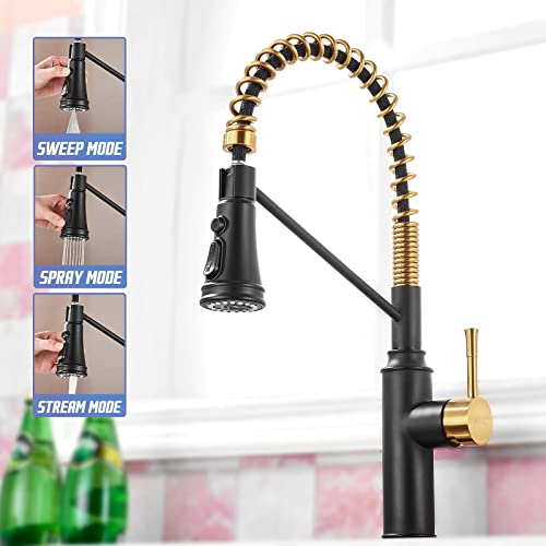 Achelous Black And Gold Farmhouse Kitchen Faucet With Soap Dispenser,Modern Pull Down Rv Kitchen Sink Faucets,Commercial Stainless Steel Pull Out Kitchen Fixtures #TOP1