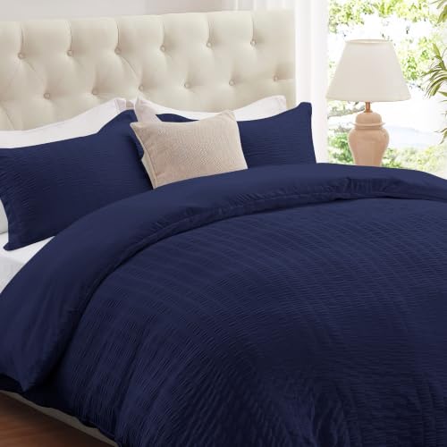 Cozyide Navy King Duvet Cover Set, 3 Pieces Soft Seersucker King Size Duvet Cover with Zipper Closure and Corner Ties, 104"x90" Duvet Cover with 2 Pillow Shams 20"x36"