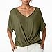 Solid Color V Neck Short Sleeve Elegant T Shirt for Women Woman's Shirts (Army Green, S)
