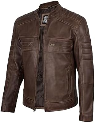 fjackets Cafe Racer men's dark brown leather jacket Men - Leather Biker Motorcycle Jacket Mens - Aus...