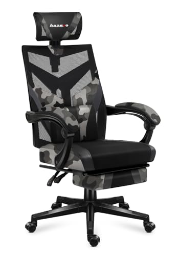 Huzaro Combat 5.0 Gaming Stuhl Ergonomisch - PC & Bürostuhl mit Fußstütze - Lendenkissen & Kopfstütze - 90–140° Rückenlehne - bis 140kg - Camouflage