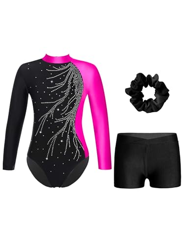 TiaoBug Enfant Fille Justaucorps Gymnastique Strass Léotards de Danse Ballet Manches Longues Body Combinaison Paillette et Short Ensemble Patinage Artistique 5-16 ans Rose&Noir F 9-10 ans