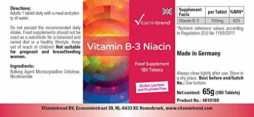 Vitamin B3 Niacin 100mg Tabletten, 180 Stück von Vitamintrend