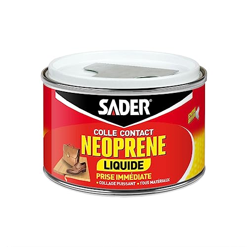 Sader Colle Contact Néoprène Liquide – Colle Extra Forte Tous Matériaux – Prise Immédiate – Idéale pour Surfaces Horizontales – Applicable au Pinceau – Boîte de 250 ml