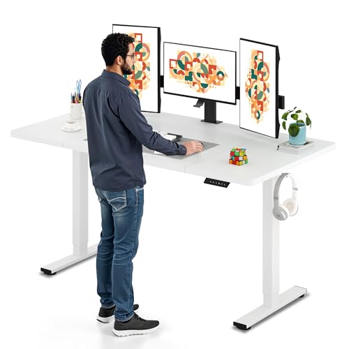 SANODESK Electric Standing Desk 63 x 32 Height Adjustable Sit Stand Desk with Large Splice Board Desktop Ergonomic Memory Presets Computer Workstations for Home Office White Frame/White Top