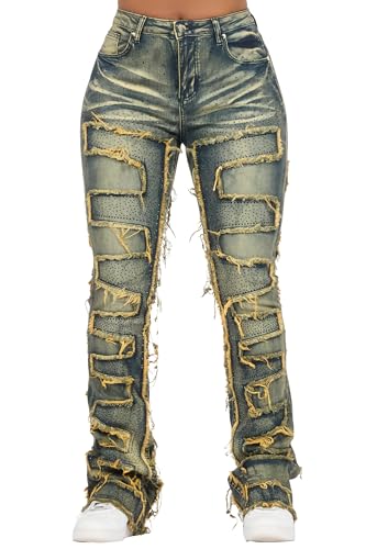 Women's Zariyah ed Dark Wash Rhinestone Stacked Flare Jean