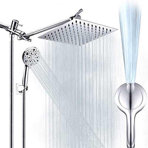 Shower Head, 8" High Pressure Rain Shower Head With With 11 Inch Extension Arm, 10-Mode Handheld Shower Head With Holder/Hose, Built-In Power Wash To Clean Tub, Tile & Pets, Flow Regulator, Chrome #TOP6