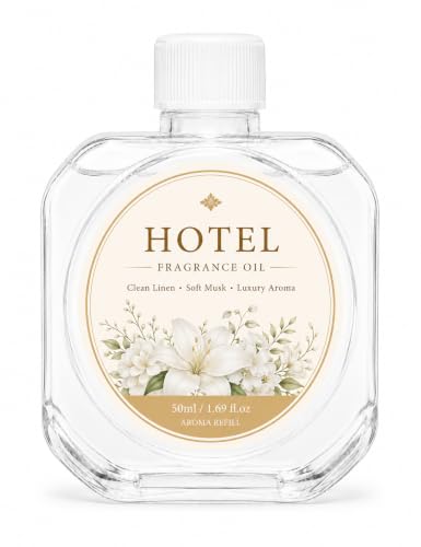 Diffusore di Oli Essenziali Senza Acqua – Ricarica 50ml per Diffusore Profumo Ambiente da Bagno, Camera, Soggiorno con Sensore di Movimento, Luce Notturna e Timer (Profumo d’hotel)