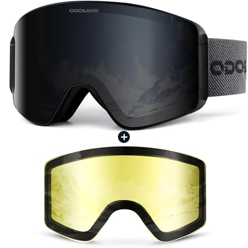 Odoland Skibrille für Damen und Herren Jungen Ski Goggles Anti-Fog UV-Schutz mit Magnetische Wechselglas Snowboardbrille Helmkompatible zum Snowboard Skifahren Schwarz