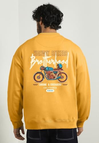 Image of Nobero Men's Graphic Printed Oversized Sweatshirt | Cotton Rich Fleece Round Neck Pullover | Relaxed Fit Casual Winter Wear for Men