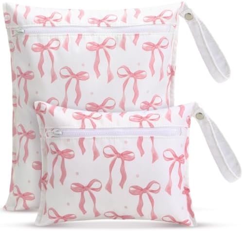 GliCraft 2 Pcs Wet Bags Pink Bow Wet Dry Bag Large & Small Waterproof Reusable Coquette Travel Zipper Pouches for Baby Diapers Swimsuits Beach Pool Bathing Dirty Yoga Gym Clothes