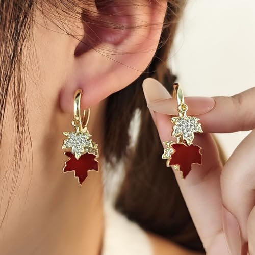 Maple Leaf Earrings for Women Autumn Thanksgiving Earrings Red Crystal Maple Leaf Dangle Earrings Thanksgiving Jewelry Gifts for Women2