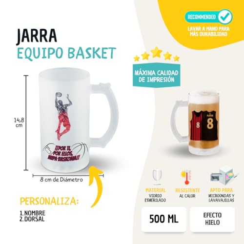 DEREGALOOS Jarra Baloncesto ACB Personalizada con Nombre y Número. Diseño Tipo Camiseta Baloncesto. Regalo Original Basket Hombre. Jarra Vidrio 500ml para Fans, Padres, Entrenadores (Baskonia)