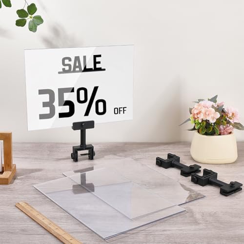 FINGERINSPIRE 3 Stück Acryl Schildhalter Mit Klemme 29.9x21.2x0.3cm Transparenter Horizontaler Acrylrahmen Schildhalter Mit Drehbarer Halteklemme Und Preisschildclip Für Messen Bekleidungsgeschäfte