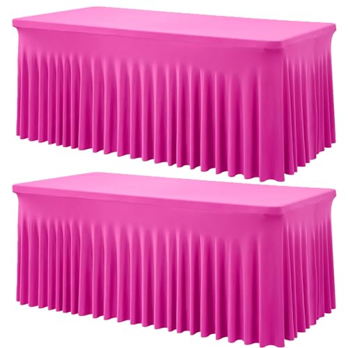 2 Pack Hot Pink Spandex Table Clothes for 6 Foot Rectangle Tables, Wrinkle Free Fitted Table Cover 6ft Fuchsia Stretch Tablecloths with Skirt for Parties Weddings Birthday Banquet Baby Shower