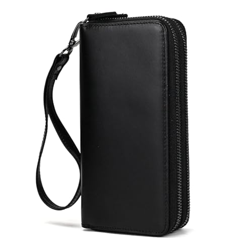 LUUFAN Genuine Leather Wallet Double Zipper Long Wallet Large Capacity Purse Clutch Bag Handbag Pouch Business Cash Cards Phone Holder, Black