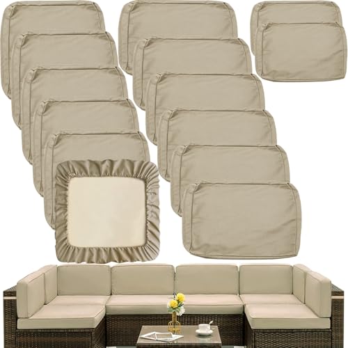 Sqodok Outdoor Cushion Covers 14Pcs Patio Cushion Slipcovers, Replacement Waterproof with Zipper for 6-Seaters Sofa, Outdoor Furniture Cushion Slipcovers Set Seat and Back, Covers Only, Tan