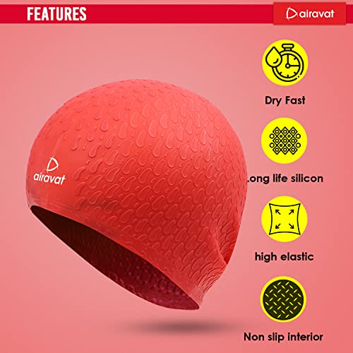 Image of Airavat Swim Bubble Cap, Silicone Swim Cap, Comfortable Bathing Cap Ideal for Curly Short Medium Long Hair, Swimming Cap for Women and Men (Red)