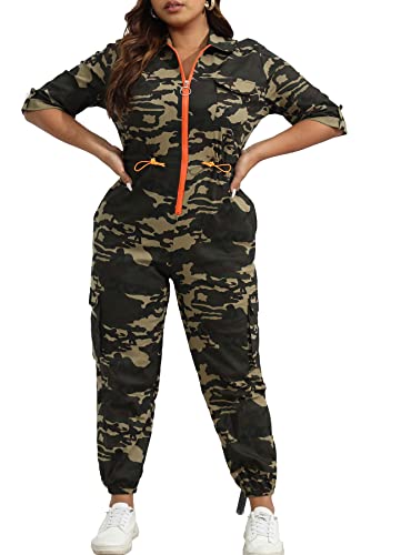 Snipertears Womens Camo Jumpsuits Front Zipper Pocketed Jogger Pants Casual Drawstring Waist Camouflage One-Piece Rompers (Green Camo,M,Medium) #TOP2