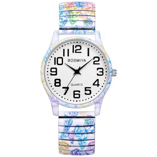 OIDEA Womans Stretch Band Watches: Big Dial Clear Number Women's Easy Reader Watches Bohemian Printed Analog Quartz Bracelet Watch Expansion Band Wristwatch