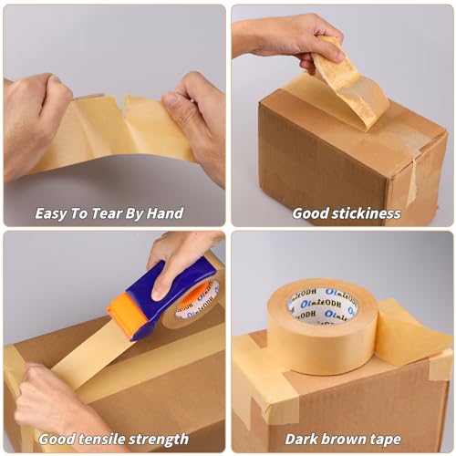 Image of Oleitodh 12 Pack Brown Paper Packing Tape, Kraft Paper Tape Bulk 2 inch x 55 Yardx 7 mil Gummed Tape for Marking, Sealing Box, Masking, Shipping, Strong Adhesive Easy-to-Tear Waterproof Tape