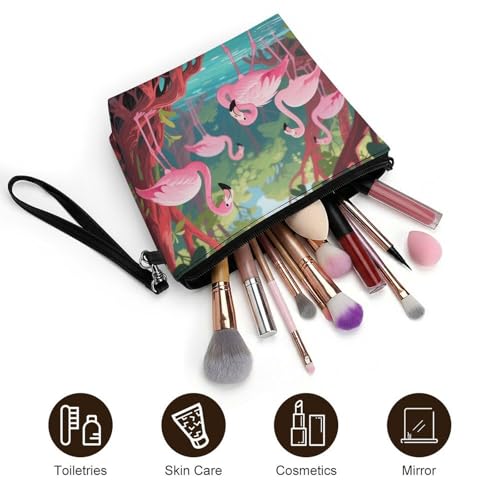 Bolsa de maquillaje de piel sintética con flamencos, ideal para organizar cosméticos en tus viajes 5